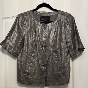 Yansi Fugel Metallic Short-Sleeve Blazer in Silver Gray